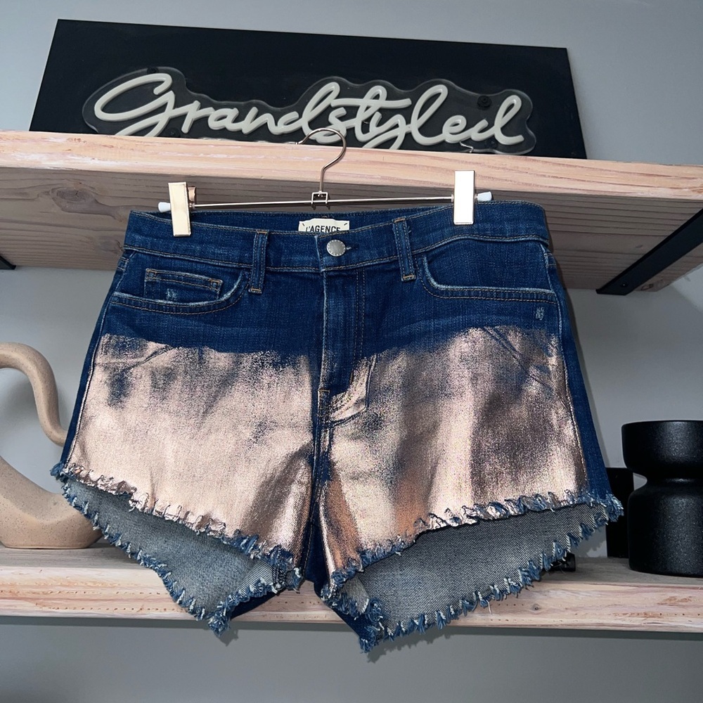 L'AGENCE Womens Zoe Vintage Blue/Gold Shorts Size 27  (retail price $220)
